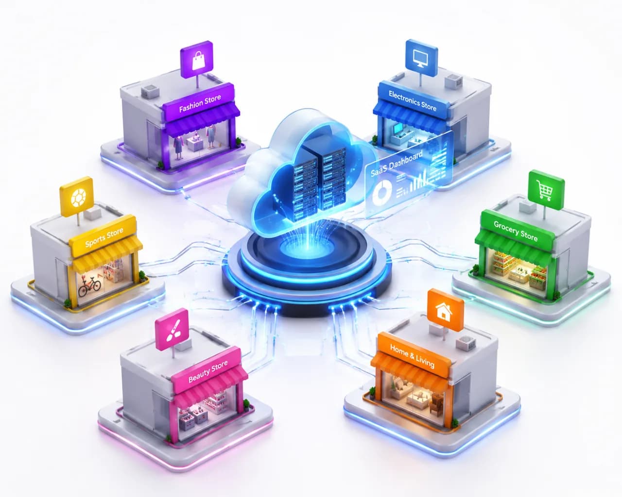 Isometric 3D diagram showing a single core server powering multiple uniquely branded white-label applications.